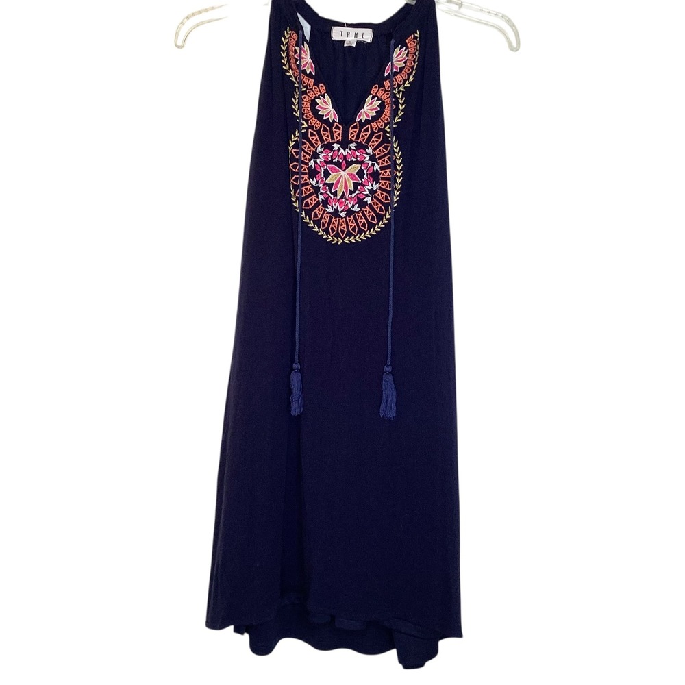 THML Embroidered V Neck Tassel Dress Navy Blue Size L Boho Festival Lined EUC